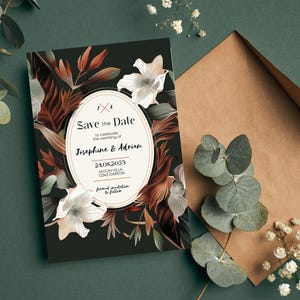 Dark Botanical Save the Date Wedding Card - Forest Green and Autumn Floral Design - Instant Digital Download, 4x6, Editable Template
