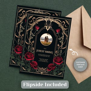 May include: A black and gold wedding invitation with a floral design featuring red roses. The invitation has a photo placeholder and the text "Dear [GUEST NAME] we are looking forward to celebrate with you fore more details follow the link www.website.com INVITATION".