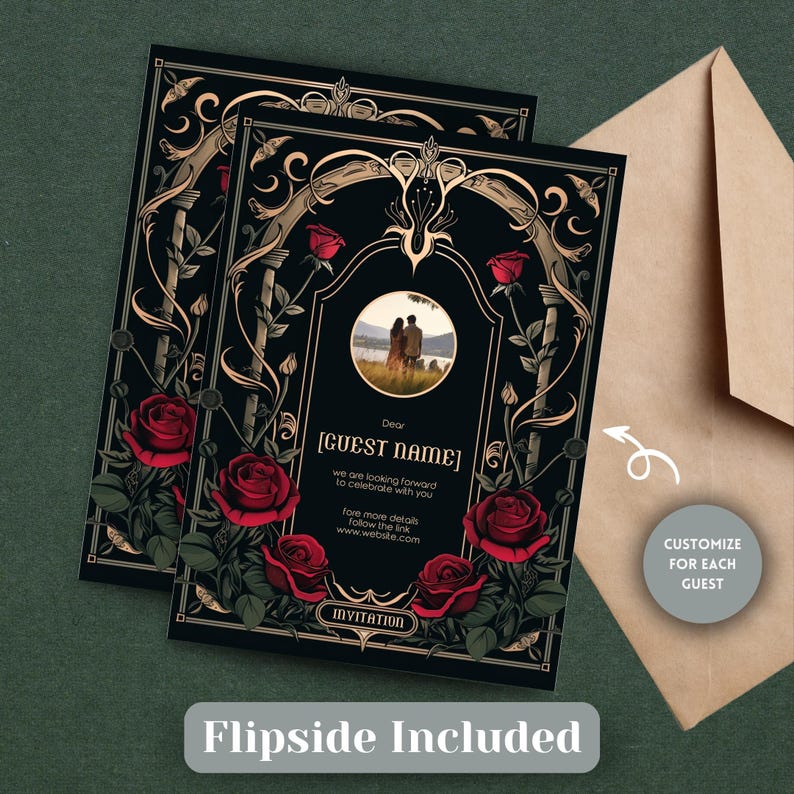 May include: A black and gold wedding invitation with a floral design featuring red roses. The invitation has a photo placeholder and the text "Dear [GUEST NAME] we are looking forward to celebrate with you fore more details follow the link www.website.com INVITATION".