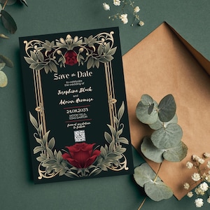 Gothic Art Nouveau Save the Date – Red Rose & Gold Frame Wedding Invitation with QR Code, Instant Digital Download, 4x6, Editable Template
