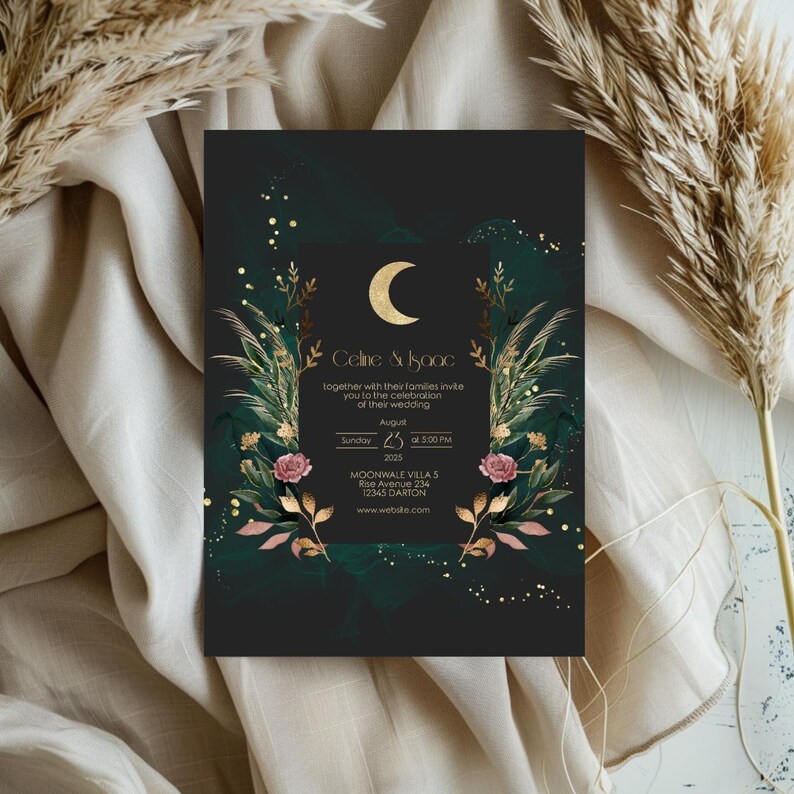 May include: A black wedding invitation with gold and green accents. The invitation features a crescent moon, floral illustrations, and the text "Celine & Isaac" and "together with their families invite you to the celebration of their wedding".