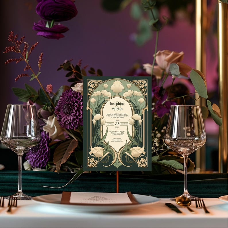 May include: A green and gold wedding invitation with an art deco design featuring white calla lilies. The invitation reads "Josephine & Adrian" and includes the date "23" and the location "MOONCREST VILLA & GARDENS CARTON".