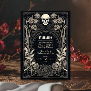 May include: Black and white Halloween invitation with a skull and floral design. The invitation reads "You are cordially invited to a night of haunting elegance. Join us for a Halloween soir&eacute;e on Sunday, October 31 at 5:00 pm 2006."
