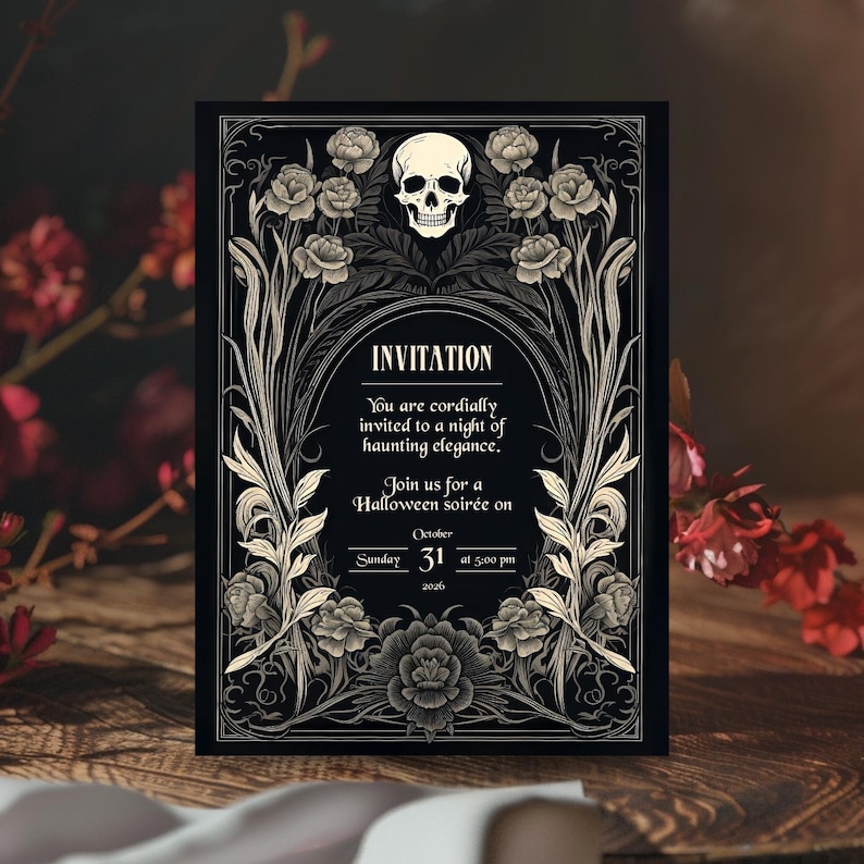 May include: Black and white Halloween invitation with a skull and floral design. The invitation reads "You are cordially invited to a night of haunting elegance. Join us for a Halloween soir&eacute;e on Sunday, October 31 at 5:00 pm 2006."