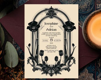 May include: An invitation card with a floral design. The card features the names "Josephine and Adrian" and event details. Black floral elements frame the text on a cream background. The card is set against a burgundy envelope.
