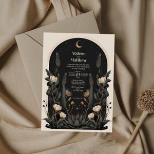 Moody Celestial Wedding Invitation - Moon and Stars Design with Floral Accents - Instant Digital Download, 5x7, Editable Template