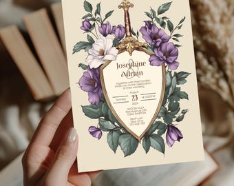 Purple Medieval Wedding Invitation Card - Gothic Floral Vintage Sword Crest - Instant Digital Download in Size 5x7, Personalize with Corjl
