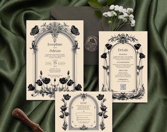 Peut inclure: Ensemble de faire-part de mariage élégant avec des illustrations florales noires et du texte sur fond crème. L'ensemble comprend une invitation, une carte de détails et une carte RSVP. Un tampon à cacheter en bois et laiton est au premier plan.