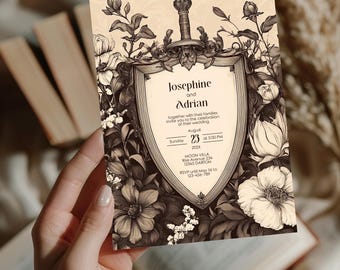 Vintage Gothic Botanical Wedding Invitation - Medieval Sword & Shield Design - Instant Digital Download in Size 5x7, Personalize with Corjl