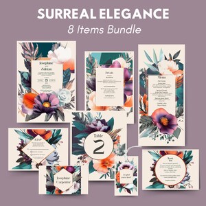 Elegant Floral Surreal Wedding Invitation Stationery Set – Vivid Colors, Personalizable Invitations, Menus, RSVP & More, Digital Download