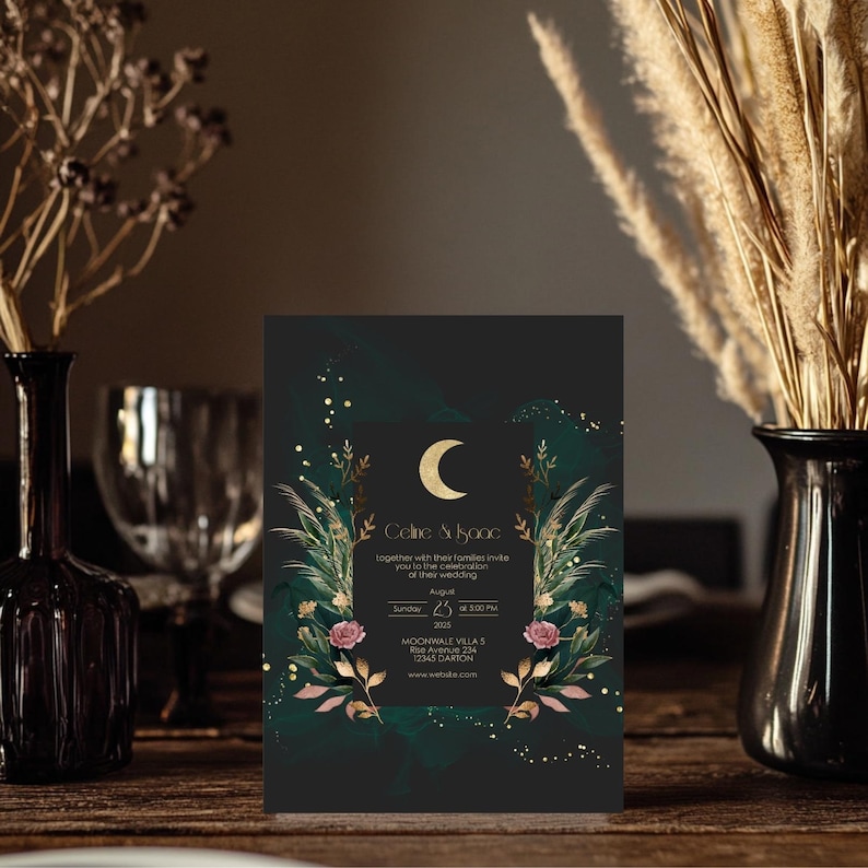 May include: A black and green wedding invitation with gold lettering. The invitation features a crescent moon, floral elements, and the text "Celine & Space" with the date and time of the wedding.