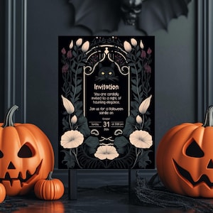 May include: A black and white Halloween invitation with a black cat illustration and floral accents. The invitation reads "You are cordially invited to a night of haunting elegance. Join us for a Halloween soir&eacute;e on Sunday, October 31st at 5:00 pm."