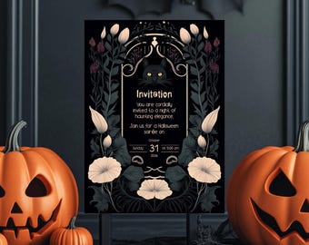 May include: A black and white Halloween invitation with a black cat illustration and floral accents. The invitation reads "You are cordially invited to a night of haunting elegance. Join us for a Halloween soirée on Sunday, 31st October at 5:00 pm."