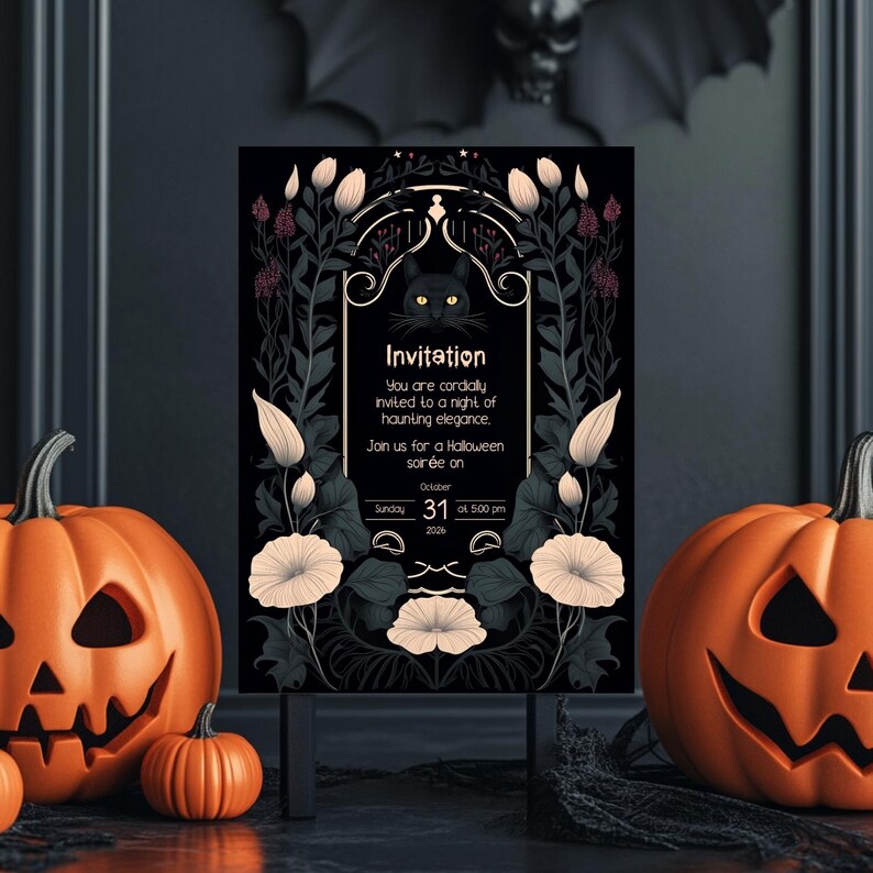 May include: A black and white Halloween invitation with a black cat illustration and floral accents. The invitation reads "You are cordially invited to a night of haunting elegance. Join us for a Halloween soir&eacute;e on Sunday, October 31st at 5:00 pm."