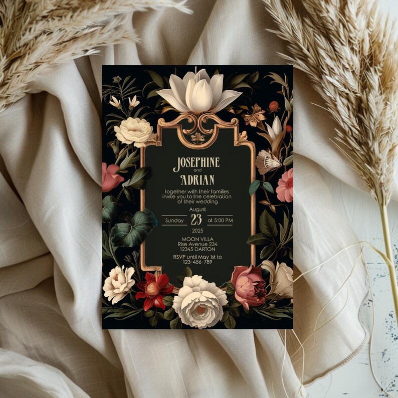 May include: A black wedding invitation with gold accents and floral illustrations. The invitation reads "Josephine and Adrian together with their families invite you to the celebration of their wedding Sunday August 23, 2025 at 5:00 PM Moon Villa Rise Avenue 234 12345 Darton RSVP until May 1st to 123-456-789"