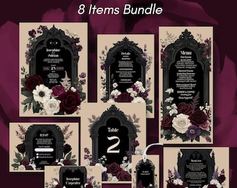 Gothic Floral Wedding Invitation Bundle - Black Arch and Burgundy Stationery Set, Editable 8 items, With RSVP, Menu & More, Digital Download