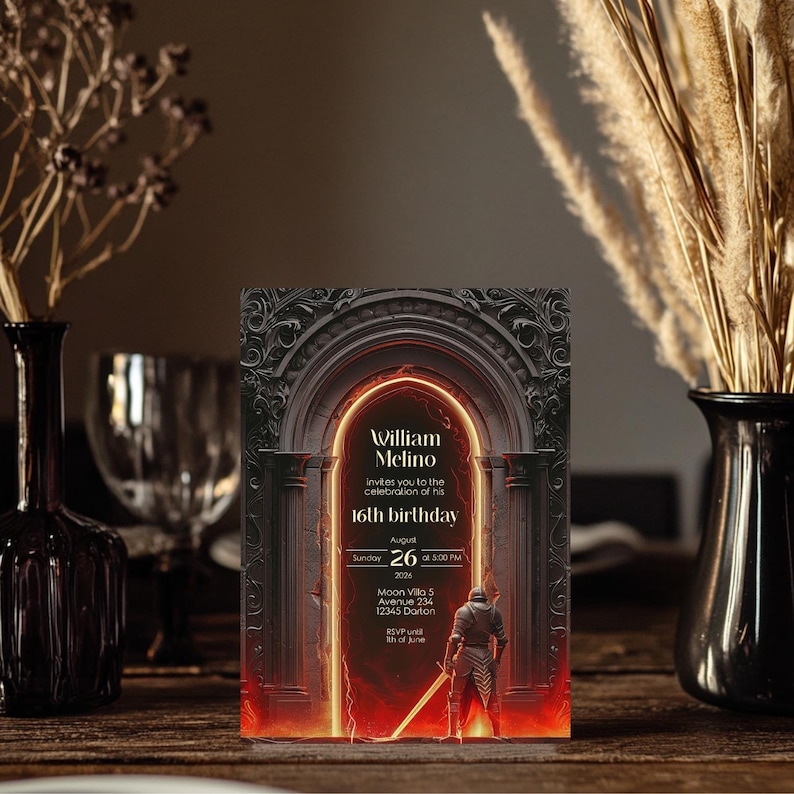 Fantasy Gothic Birthday Invitation - Medieval Knight and Glowing Fire Portal Design - Instant Download, 5x7, Personalize with Corjl bild 5