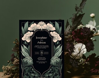 Gothic Botanical Wedding Invitation - Elegant Black and Green Design - Instant Download, 5x7, Editable Template