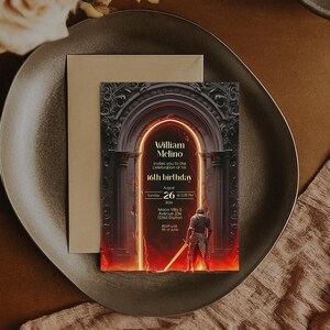 Fantasy Gothic Birthday Invitation - Medieval Knight and Glowing Fire Portal Design - Instant Download, 5x7, Personalize with Corjl bild 6