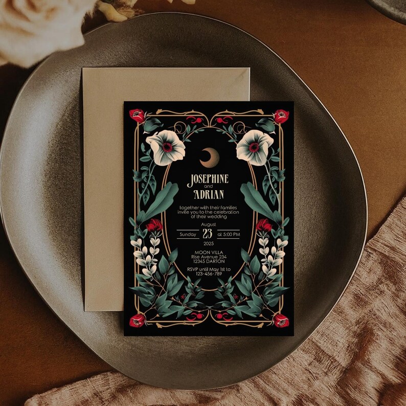 May include: A black wedding invitation with gold accents and floral illustrations. The invitation features a crescent moon and the text "Josephine and Adrian" with the date and time of the wedding.