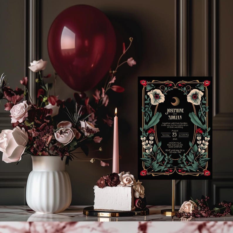 May include: A black and gold wedding invitation with a floral design and the text "Josephine Adrian" and "August 23, 2023".