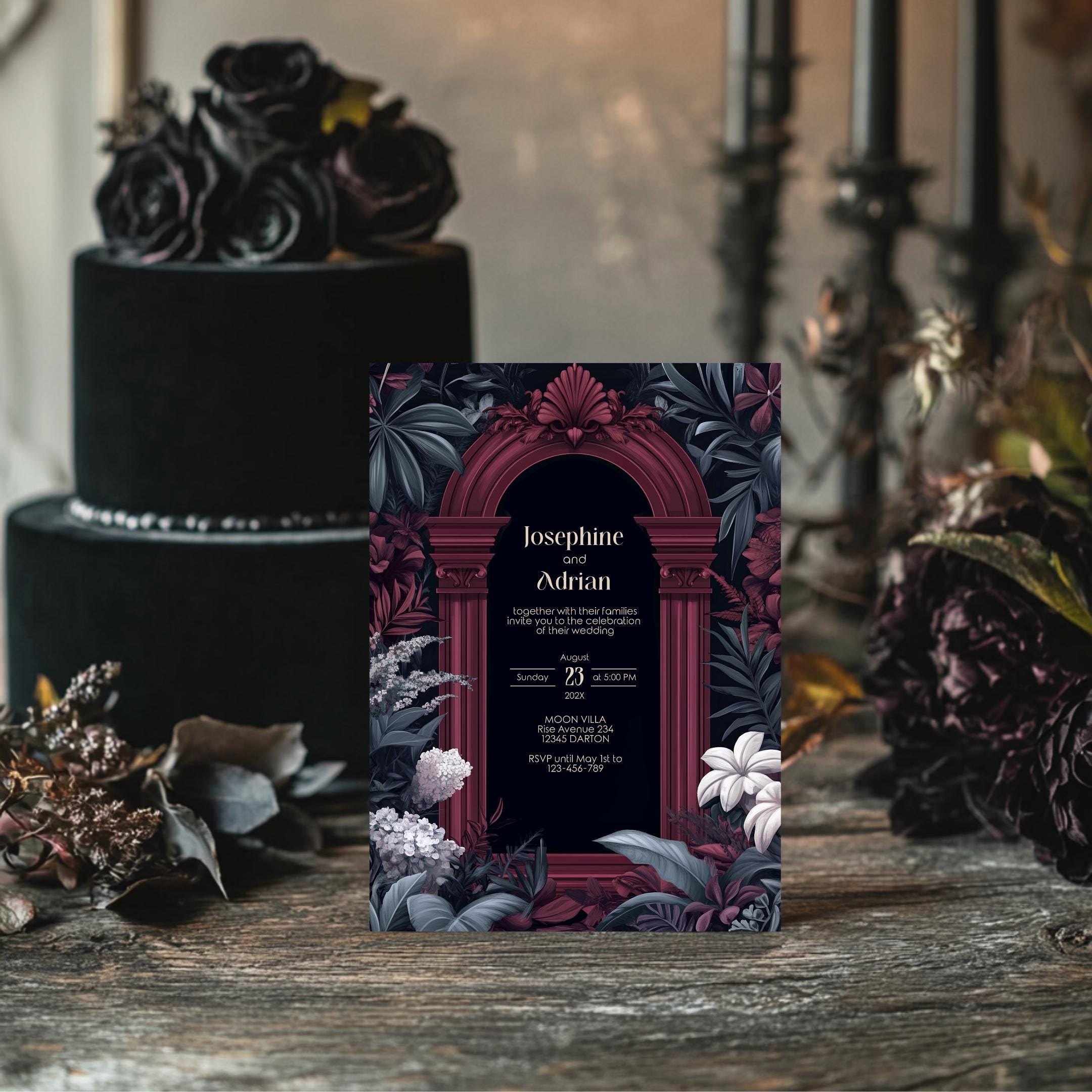 Dark Academia Wedding Invitation - Burgundy Gothic Arch With Moody Dark Academia Wedding Invitation - Burgundy Gothic Arch With Moody