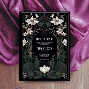 May include: Black wedding invitation with gold accents and floral designs. The text reads "CELINE & ISAAC" and "AUG 23 2025".