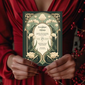 May include: A green and gold wedding invitation with an art nouveau design featuring white flowers. The invitation reads "Josephine & Adrian" and includes the date and time of the wedding.