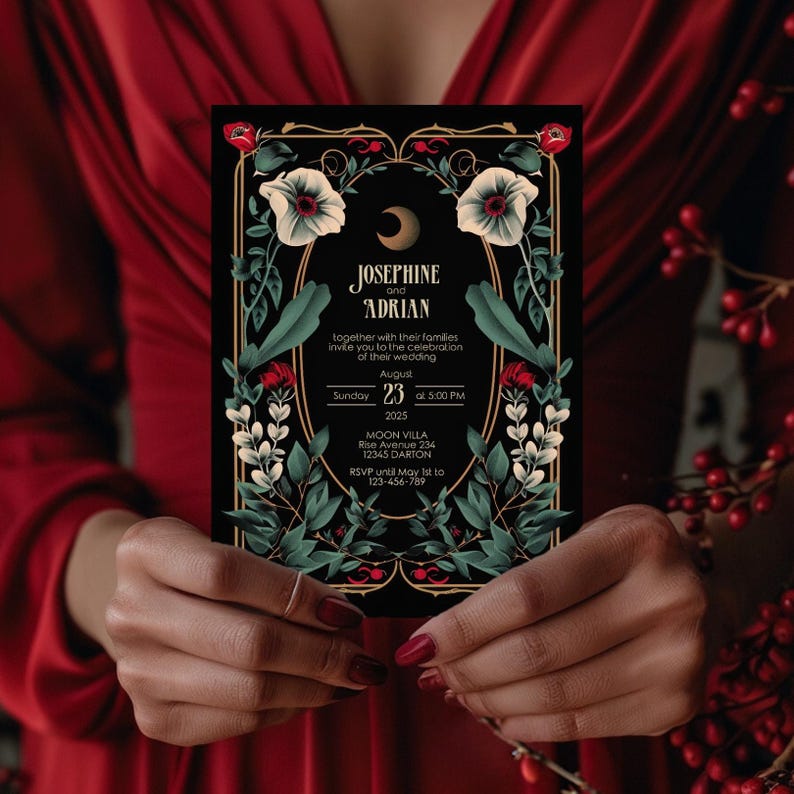 May include: Black wedding invitation with gold accents and floral designs. The invitation reads "Josephine and Adrian" and includes the date and time of the wedding, "Sunday, August 23, 2025 at 5:00 PM". The location is listed as "Moon Villa, Rise Avenue 234, 12345 Darton".