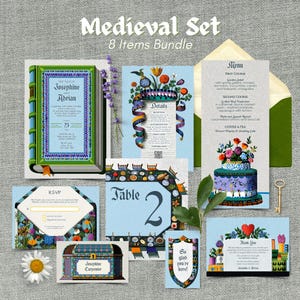 Medieval Fantasy Wedding Invitation Bundle, Vintage Book Cover Design,  Editable 8 items, Personalize with Corjl, Digital Download