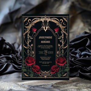 May include: A black and gold wedding invitation with a gothic art nouveau design. The invitation features red roses, a gold arch, and the text "Josephine and Adrian" in gold lettering. The invitation also includes the date and time of the wedding, the location, and the RSVP information.