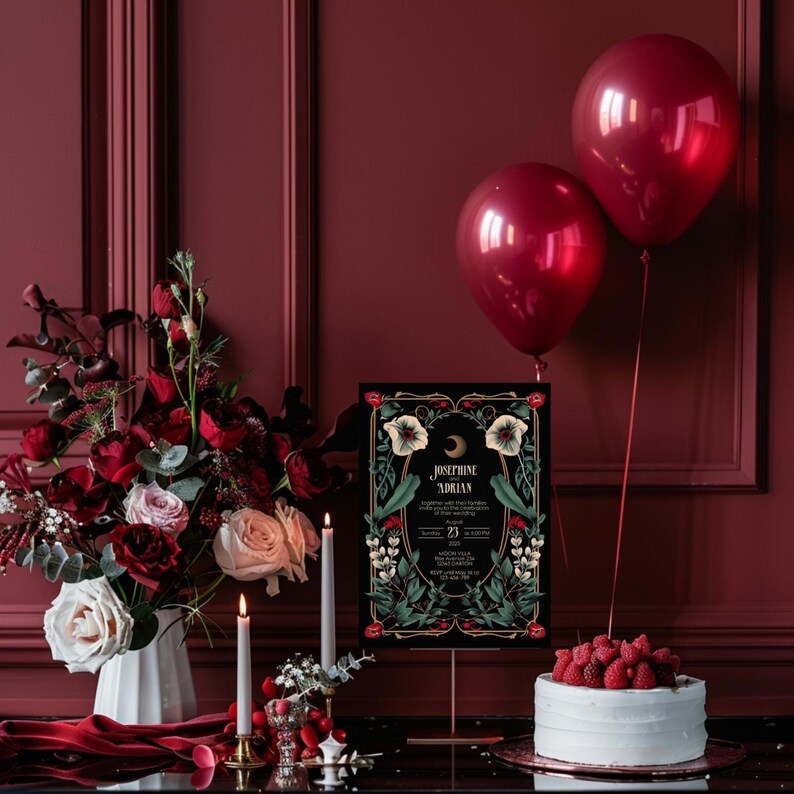 May include: A black and gold wedding invitation with floral designs and the text "Josephine & Adrian" on a black background. The invitation is displayed on a gold stand with two burgundy balloons in the background.