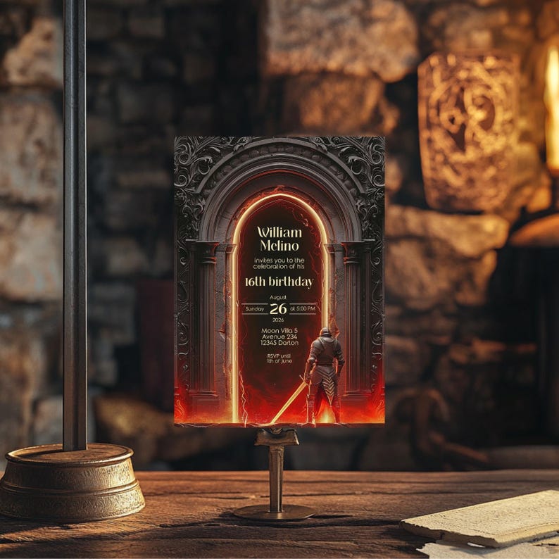 Fantasy Gothic Birthday Invitation - Medieval Knight and Glowing Fire Portal Design - Instant Download, 5x7, Personalize with Corjl bild 2