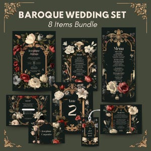 Baroque Wedding Invitation Set - Vintage Botanical Garden, Gold Frame, Editable 8 items, RSVP, Details & More, Digital Download