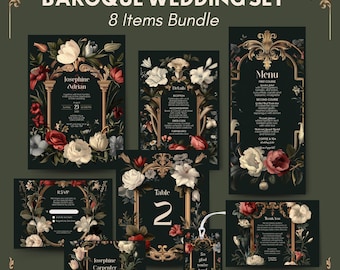 Könnte beinhalten: Ein Satz von acht druckbaren Hochzeitsschriftvorlagen mit einem Barock-Design mit floralen Akzenten. Die Vorlagen umfassen eine Einladung, eine RSVP-Karte, eine Detailkarte, ein Menü, eine Tischnummernkarte, eine Dankeskarte und zwei Geschenkanhänger. Das Design verfügt über einen dunkelgrünen Hintergrund mit goldenen Akzenten und roten, weißen und rosa Blumen.