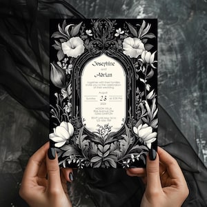 Gothic Floral Wedding Invitation - Elegant Black and White Frame Design - Instant Download, 5x7, Editable Template