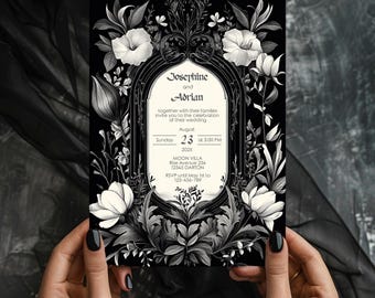Gothic Floral Wedding Invitation - Elegant Black and White Frame Design - Instant Download, 5x7, Editable Template