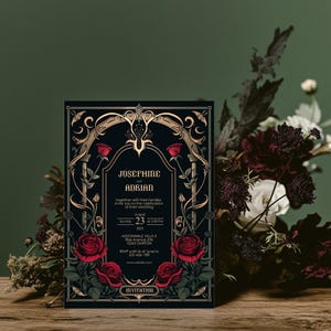 May include: A black and gold wedding invitation with a floral design featuring red roses. The invitation reads "Josephine and Adrian" and includes the date and time of the wedding, "Sunday, August 23, 2025 at 5:00 PM".