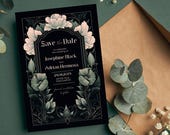Dark Art Nouveau Save the Date Card – Green Gothic Botanical Wedding Invite - Digital Download, Editable Template