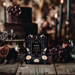 May include: A black and gold Halloween invitation card with a black cat illustration and floral accents. The text reads "Invitation You are cordially invited to a night of haunting elegance Join us for a Halloween soir&eacute;e on 31 October at 7:00 pm".