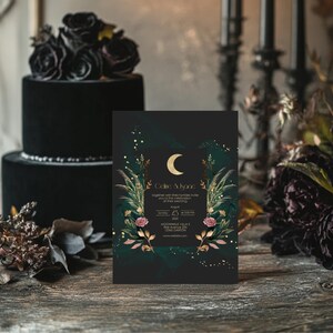 May include: Black and gold wedding invitation with a crescent moon and floral design. The invitation reads "Celene & Skye" and includes the date "Sunday, 23 August 2025" and the time "6:00 PM" at "MOONWALE VILLA 5, ROSE AVENUE, 12345 CARTON".