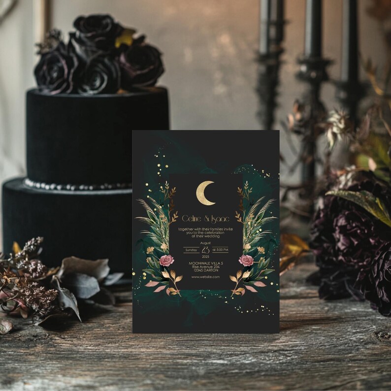 May include: Black and gold wedding invitation with a crescent moon and floral design. The invitation reads "Celene & Skye" and includes the date "Sunday, 23 August 2025" and the time "6:00 PM" at "MOONWALE VILLA 5, ROSE AVENUE, 12345 CARTON".