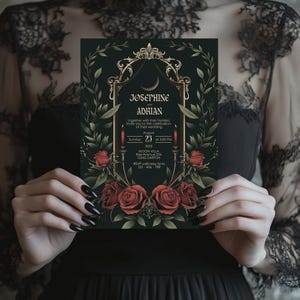 May include: Dark green wedding invitation featuring the names "Josephine and Adrian" in gold script. The invitation includes red roses, candles, and decorative gold accents. The date is August 23, 2025, at 5:00 PM.