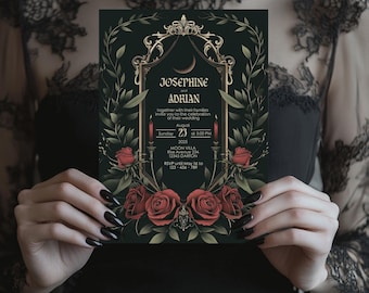 May include: Dark green wedding invitation featuring the names "Josephine and Adrian" in gold script. The invitation includes red roses, candles, and decorative gold accents. The date is August 23, 2025, at 5:00 PM.