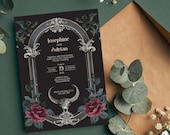 Gothic Wedding Invitation - Dark Black and Red Design with Vintage Skull and Roses - Instant Digital Download, 5x7, Editable Template