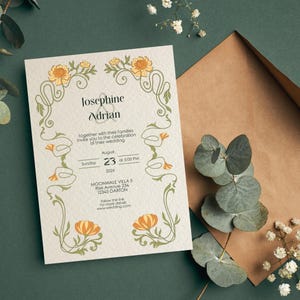 Art Nouveau Floral Wedding Invitation - Elegant Vintage Floral Design - Instant Download, 5x7, Editable Template, personalize with Corjl