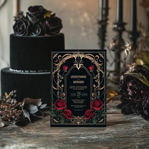May include: A black and gold wedding invitation with a floral design featuring red roses. The invitation reads "Josephine and Adrian" and includes the date "August 23" and the time "at 5:00 PM".