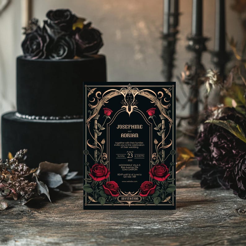 May include: A black and gold wedding invitation with a floral design featuring red roses. The invitation reads "Josephine and Adrian" and includes the date "August 23" and the time "at 5:00 PM".