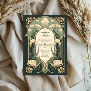 May include: A green and gold wedding invitation with an art nouveau design featuring stylized flowers and the names Josephine and Adrian. The invitation includes the date and time of the wedding, the location, and a website address.