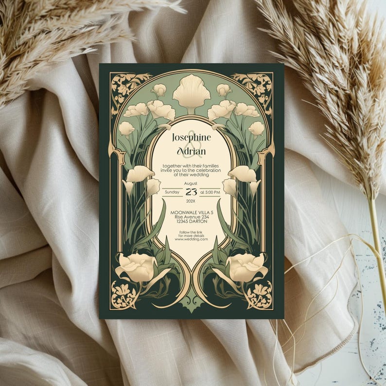 May include: A green and gold wedding invitation with an art nouveau design featuring stylized flowers and the names Josephine and Adrian. The invitation includes the date and time of the wedding, the location, and a website address.
